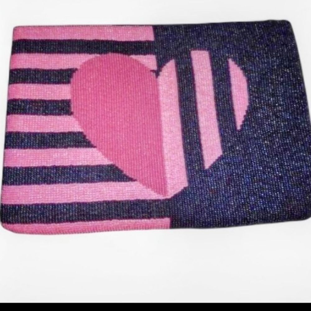 NWT Kate Spade Beaded Heart Clutch On Purpose Navy Pink Striped Pouch Bag NEW